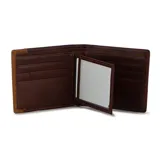 Billetera de cuero color negro con detalles en marrón.