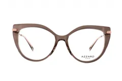 Armazón para lentes de receta Azzaro, modelo 30420 col 2, de acetato color marrón topo con apliques dorados en las esquinas. Diseño de ojo de gato.