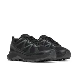 Championes de senderismo Merrell modelo Tempo Exp, color negro con detalles en gris oscuro. Presentan una construcción robusta con malla transpirable y refuerzos sintéticos, cuello acolchado, cierre de cordones y suela de goma con tacos para mayor tracción y absorción de impactos.