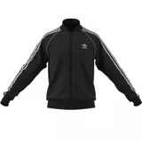 Campera deportiva Adidas Adicolor Classics negra con cierre frontal, cuello alto y tres rayas blancas en las mangas.