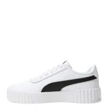 Championes Puma modelo Carina 3.0, de diseño urbano inspirado en los años 80. Presentan una capellada de cuero sintético en color negro con la icónica franja lateral Formstrip en blanco. Cuentan con una suela de plataforma blanca con textura acanalada y plantilla SoftFoam+ para mayor amortiguación.