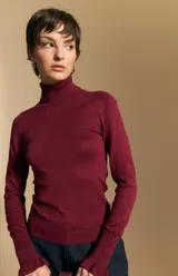 Polera de tejido fino color negro, con cuello alto y mangas largas con terminación sutilmente fruncida. Diseño ajustado al cuerpo.