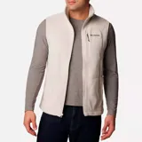 Chaleco de forro polar Columbia con cierre frontal completo, cuello alto, bolsillo con cremallera en el pecho y bolsillos laterales con cremallera.