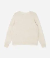 Suéter de punto color beige con cuello redondo, manga larga y aplicaciones de perlas distribuidas por toda la prenda. Presenta puños y ruedo acanalados.