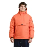 Campera tipo anorak O'Neill modelo Adelmo, color naranja. Presenta diseño de medio cierre frontal, capucha ajustable con cordones, bolsillo frontal tipo canguro con solapa y cierre de velcro, y puños ajustables con velcro.