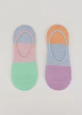 Pack de dos pares de medias balerinas tricolor, un par con base verde, franja rosa y puntera celeste, y otro par con base lila, franja celeste y puntera naranja.