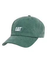 Gorro tipo gorra con visera curva de Caterpillar, color verde con efecto gastado, y logo bordado en blanco en el panel frontal.
