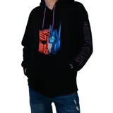 Canguro negro con capucha y cordones rojos y azules. Estampado frontal con logo de Transformers y Optimus Prime. Estampado en la manga con la palabra Caterpillar.