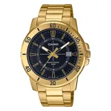 Reloj Casio analógico dorado con esfera negra, caja de acero inoxidable dorada de 45mm de diámetro, cristal mineral, movimiento de cuarzo, resistente al agua hasta 50 metros y correa de acero inoxidable dorada.