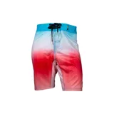 Bermuda de baño con degradé de celeste a blanco y rojo, con cordón de ajuste negro.