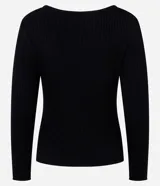 Blusa negra de punto acanalado, con escote en V profundo y mangas largas.