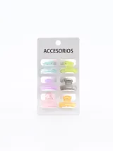 Pack de seis pinzas pequeñas para el pelo en colores celeste, verde, gris, naranja, lila y rosa.