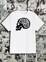 Remera blanca de manga corta con estampa de calavera negra y texto "Where is my mind?".