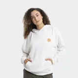 Canguro con capucha color blanco, de corte holgado y diseño básico. Presenta un bolsillo frontal tipo canguro y un pequeño estampado de sol con el logo de la marca en el pecho.