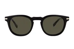 Lentes de sol Azzaro con armazón de acetato negro de forma redondeada y cristales polarizados en tono verde oscuro. Presentan detalles metálicos en las esquinas superiores del frente.