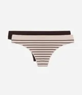 Pack de dos bombachas bikini Lov de poliamida seamless con textura acanalada. Incluye una bombacha lisa de color marrón oscuro y una bombacha de fondo beige con rayas horizontales marrones, ambas con pequeña etiqueta de la marca en la cintura.