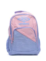 Mochila Umbro Zeeva en tonos rosa pastel y lila, con el logo de la marca en azul claro en la parte superior. Cuenta con un bolsillo frontal con cierre y bolsillos laterales de malla.