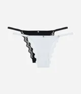 Kit de dos bombachas colaless confeccionadas en microfibra leve de poliamida, una blanca con encaje y otra negra con encaje.