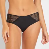 Culotte negro de microfibra con paneles de encaje floral en los laterales.