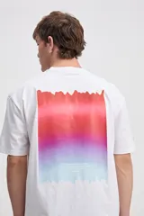 Remera oversize blanca de manga corta, con estampa degradé colorida en la espalda que simula auroras boreales y texto descriptivo.