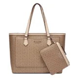 Cartera tipo tote bag grande de la marca Guess, modelo Medford, confeccionada en cuero sintético con estampado monograma en tonos marrón y beige. Cuenta con doble asa de hombro, un bolsillo frontal y un monedero o neceser colgante a juego con cierre.