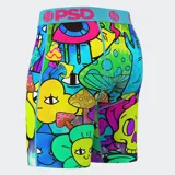 Bóxer ajustado con estampado de hongos, calaveras y flores en colores vibrantes. Cintura elástica celeste con logo PSD en fucsia.