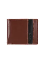 Billetera de cuero sintético en color marrón con una franja vertical negra decorativa y costuras a la vista. Incluye el logo de la marca grabado en la parte frontal.