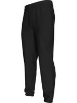 Pantalón de jogging negro con cintura y puños elásticos, cordón ajustable y bolsillos laterales. Presenta una cinta con el logo de Calvin Klein en espiga a lo largo de las piernas.