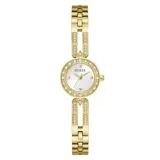 Reloj analógico Guess modelo Cassidy con caja y malla de acero inoxidable en tono dorado. Presenta una esfera blanca con acabado sunray, bisel decorado con cristales y diseño tipo brazalete.