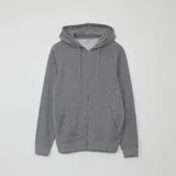 Canguro gris con capucha, cierre frontal con cremallera y bolsillos tipo canguro.