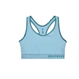 Top deportivo Under Armour celeste con contorno verde, espalda deportiva y logo en la banda inferior.