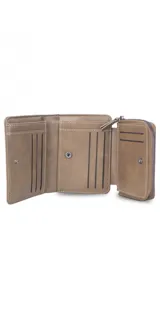 Billetera de cuero color marrón oscuro con broche metálico. Incluye monedero con cierre, compartimento para billetes y ranuras para tarjetas.