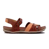 Sandalias de cuero color marrón con tiras cruzadas en el empeine, detalle de tira en color crema con textura y cierre de pulsera con hebilla metálica ajustable.