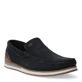Mocasines de hombre estilo casual, confeccionados en cuero nobuk color gris oscuro. Presentan costuras reforzadas en el empeine, detalle de logo grabado en la parte superior y refuerzo en el talón en tono marrón tabaco. La suela es de goma con diseño de capas en blanco y gris.