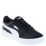 Championes urbanos Puma modelo Carina 2.0 para mujer, color negro con el icónico Formstrip en blanco, parte superior de material sintético, cierre de cordones y suela de goma blanca con plataforma y textura acanalada.