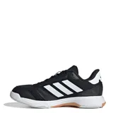 Championes deportivos Adidas Ligra 8 para mujer, diseñados para deportes de cancha cubierta. Presentan un diseño en color negro con las icónicas tres rayas laterales en blanco, confeccionados en una combinación de malla transpirable y cuero sintético con punta reforzada Adituff. Incluyen mediasuela amortiguada y suela de goma para un agarre óptimo en superficies indoor.