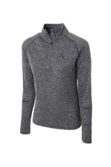 Buzo deportivo Topper de mujer en color gris melange, con cuello alto, cierre frontal parcial de medio cuarto y mangas largas con detalles reflectantes.
