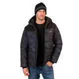 Campera parka Maui and Sons con estampado camuflado en tonos azules y negros. Tiene capucha fija con forro interior, cierre frontal con tapeta y broches metálicos, bolsillos frontales con cierre y tapeta, puños interiores rib y acolchado liviano.