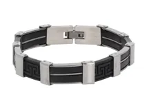 Pulsera de acero plateado y goma negra con diseño de guarda griega.