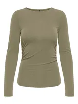 Top de manga larga con cuello redondo y ajuste al cuerpo, confeccionado en tejido de punto suave con detalle de fruncido lateral.