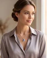 Collar de plata 925 con cadena fina y dije en forma de lágrima, con un cristal central azul zafiro rodeado por pequeñas circonias brillantes.