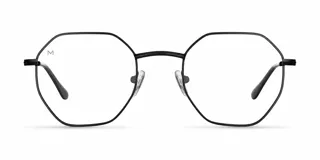 Lentes con protección de luz azul y filtro UV400, con armazón de acero inoxidable en color negro y forma geométrica. Presentan un diseño minimalista con perfiles finos y patillas esbeltas.