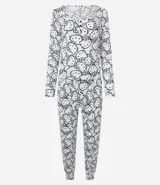 Pijama de dos piezas con estampado integral de Hello Kitty. Incluye una blusa de manga larga con cuello redondo y un pantalón con cintura elástica, confeccionado en tejido acanalado.