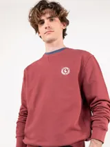 Buzo de felpa 100% algodón color bordó, de corte regular fit, con cuello redondo y manga larga. Presenta acabado lavado y logo estampado en el pecho.