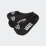 Pack de tres pares de medias invisibles negras con logo Vans y diseño Checkerboard en blanco.