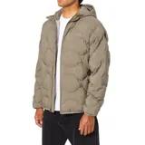Campera puffer con capucha, color beige, con diseño de acolchado circular y cierre frontal con cremallera.