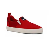 Zapatillas tipo slip-on Quiksilver modelo Shore, color rojo con suela de goma blanca, elásticos blancos en los laterales y etiqueta con el logo de la marca en la lengüeta.