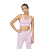 Top deportivo New Balance color lila con banda inferior elástica con logo de la marca en blanco.