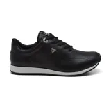 Championes deportivos Via Marte modelo Leone, de color negro con suela blanca. Presentan diseño clásico con cordones negros y detalles metálicos en el lateral y ojal superior.