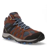 Championes de trekking Merrell modelo Accentor 3 Mid, de caña media, combinando tonos marrones y azul grisáceo. Presenta paneles de malla transpirable, refuerzos de gamuza y puntera protectora. Incluye cordones con detalles en azul claro y suela con relieve para mayor tracción.